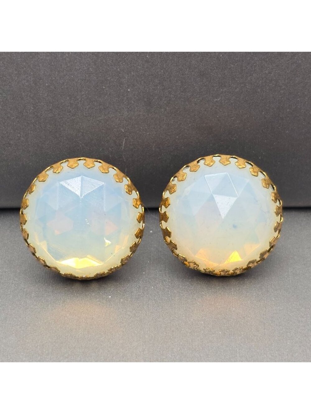 Vintage Moonstone Earrings Ornate Flame Prong Set Gold Tone Upcycled Jewelry - Picture 2 of 10